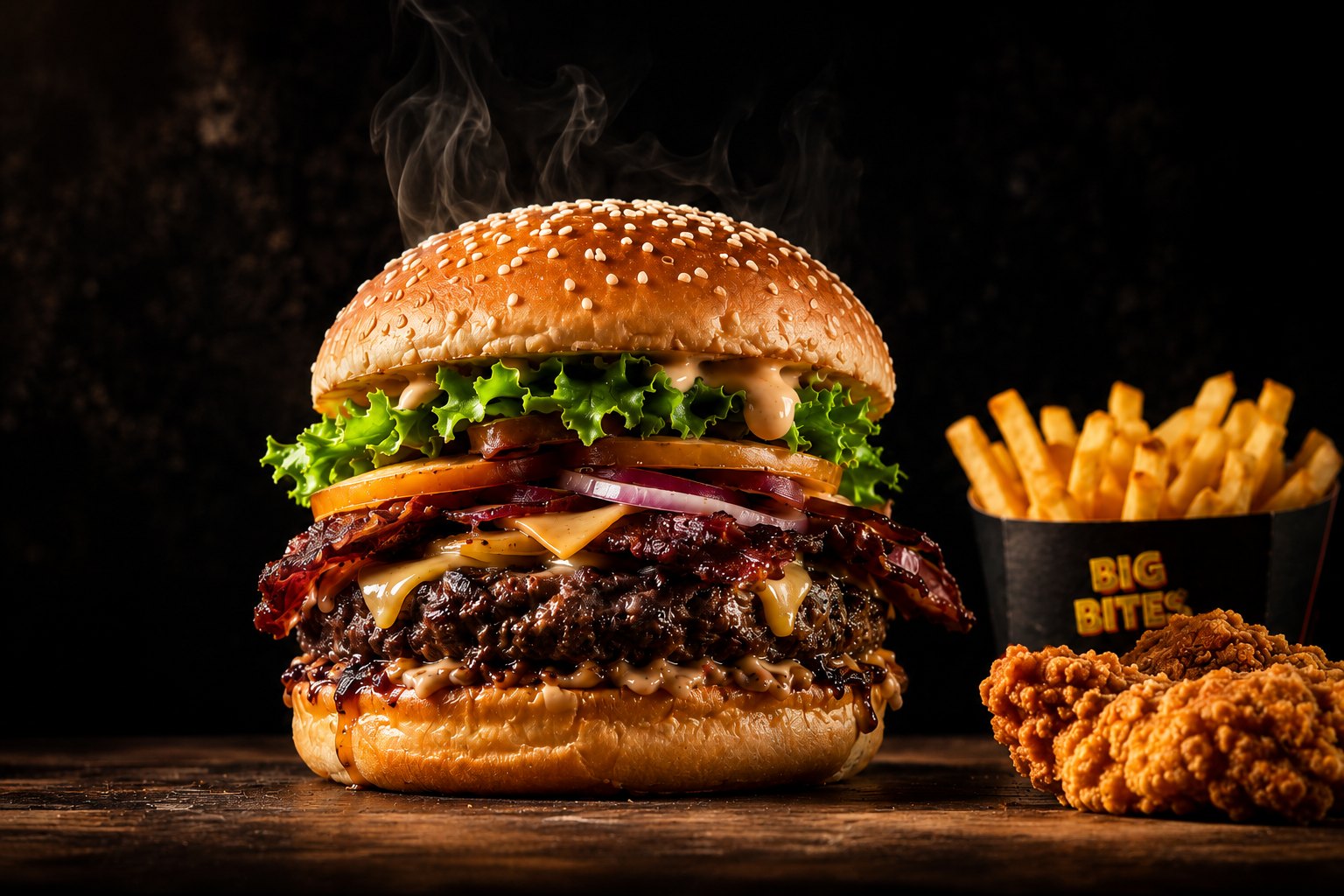 A stacked Big Bites cheeseburger with bacon, melted cheese and red onion, beside a carton of fries and southern fried chicken